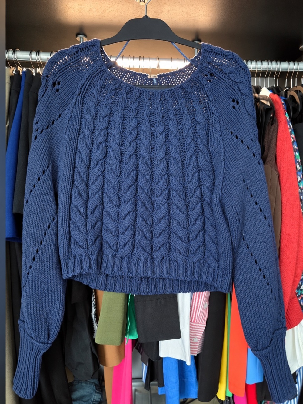 Free People Navy Blue Cable Knit Scoop Neck Sweater